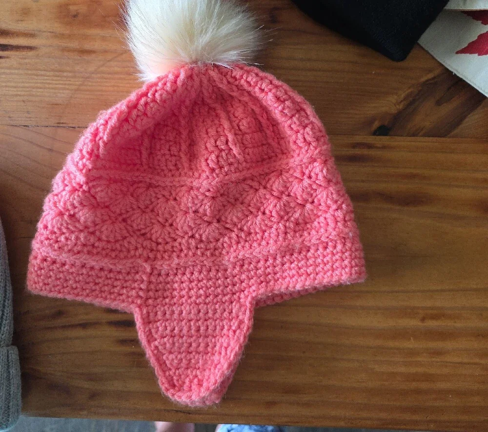 Womens Or  Teen Coral Earflap Knit Hat with Cream Faux Fur Pom Pom